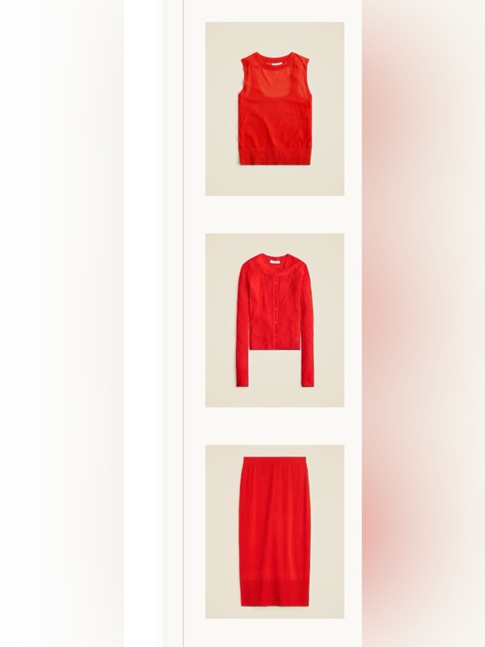 J.Crew Gauzy 3 piece Set | Shell, Tank, Cardigan & Midi Skirt | Electric Red